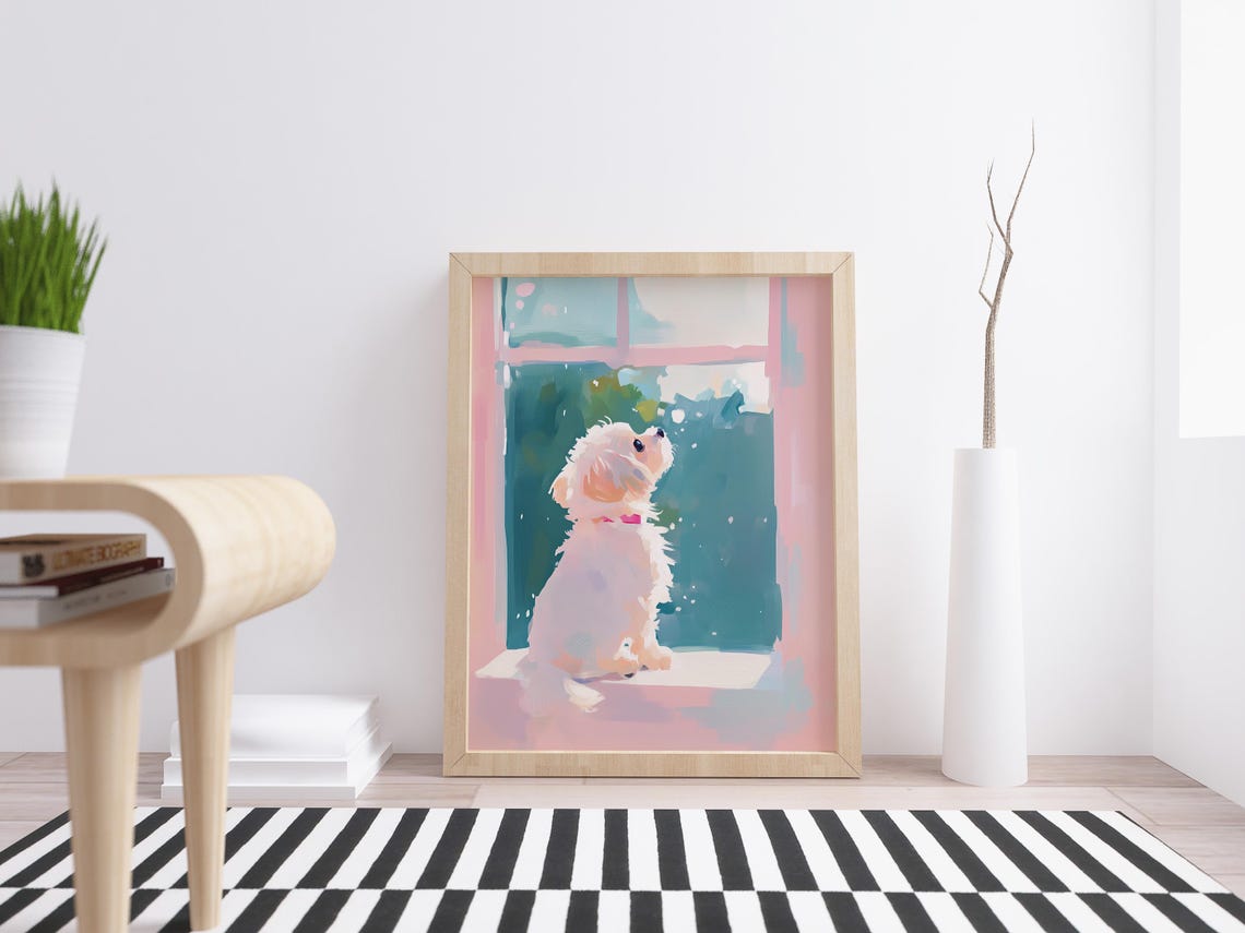 White Fluffy Puppy Looking Out A Pink Window Sunny Day Art Poster - Image 2