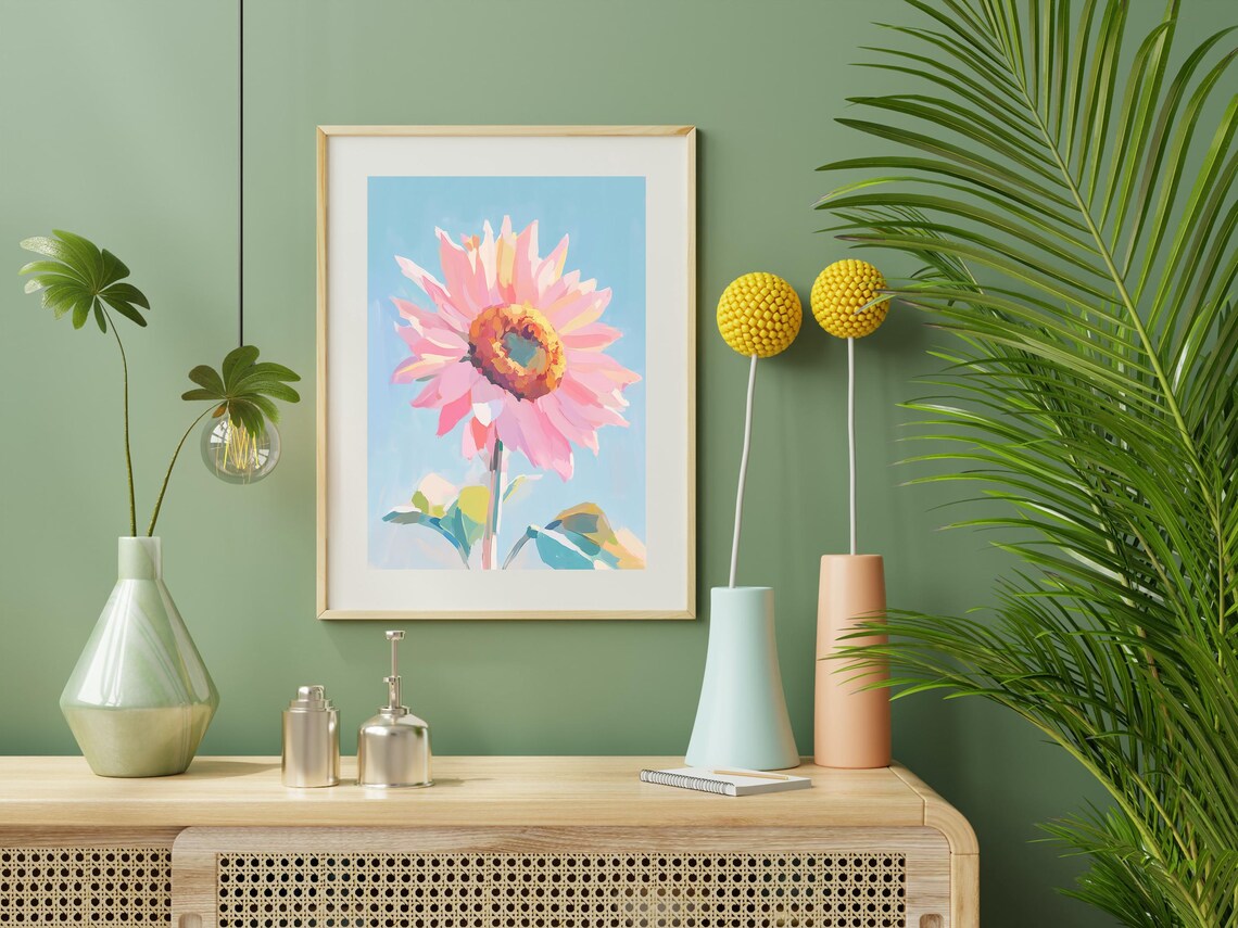 Pink Sunflower Against Blue Sky Modern Floral Oil Wall Art Print - Image 2