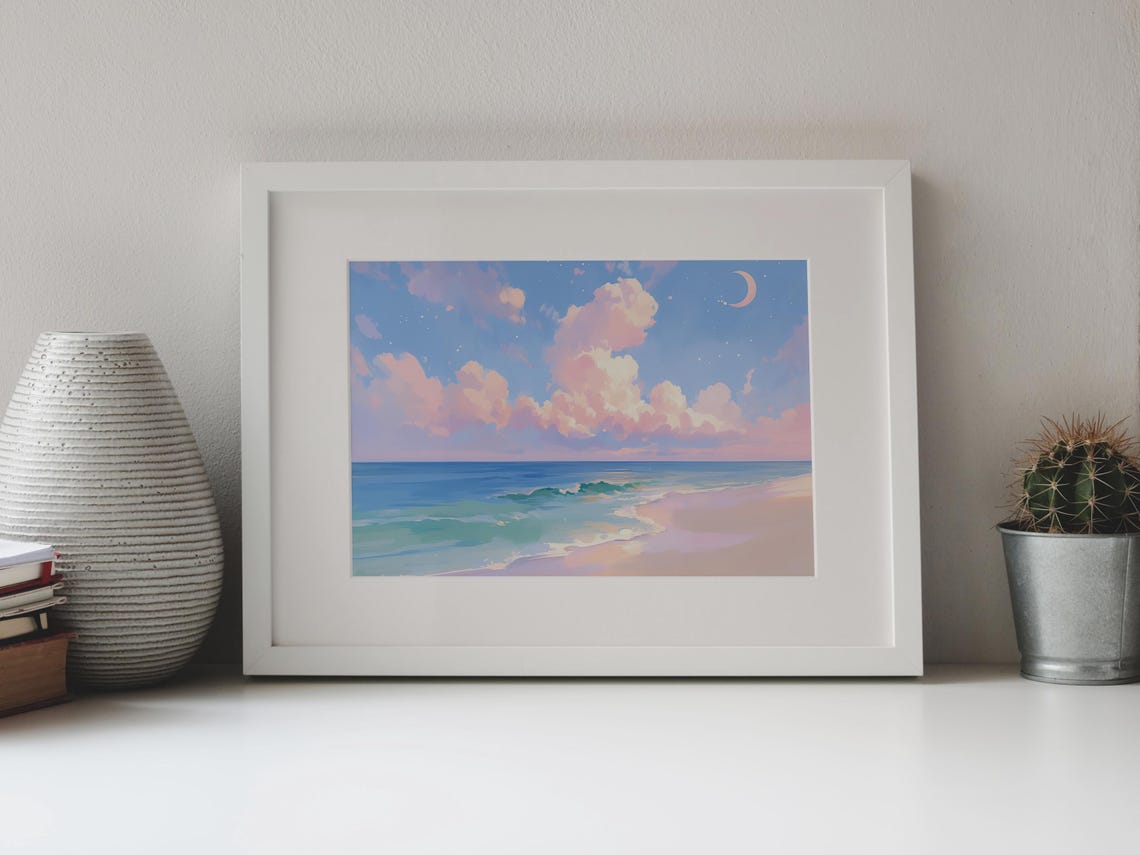 Pastel Beach Twilight Pink Clouds Crescent Moon Turquoise Waves Poster - Image 4