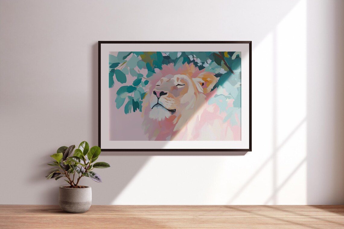 Serene Lion Portrait Resting Under Leaves Pink Teal Pastel Painting Poster - Image 3