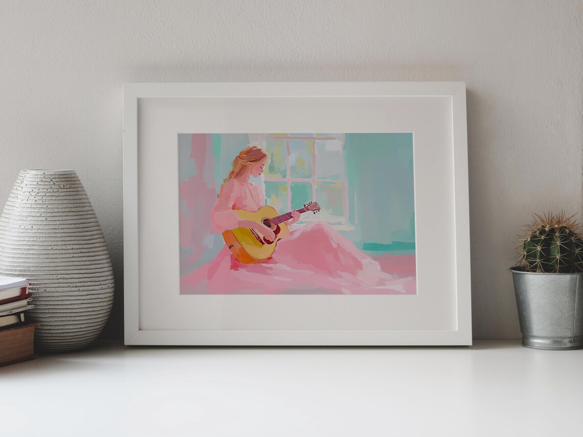 Girl In Pink Dress Playing Acoustic Guitar By Window Pastel Art Poster - Image 4