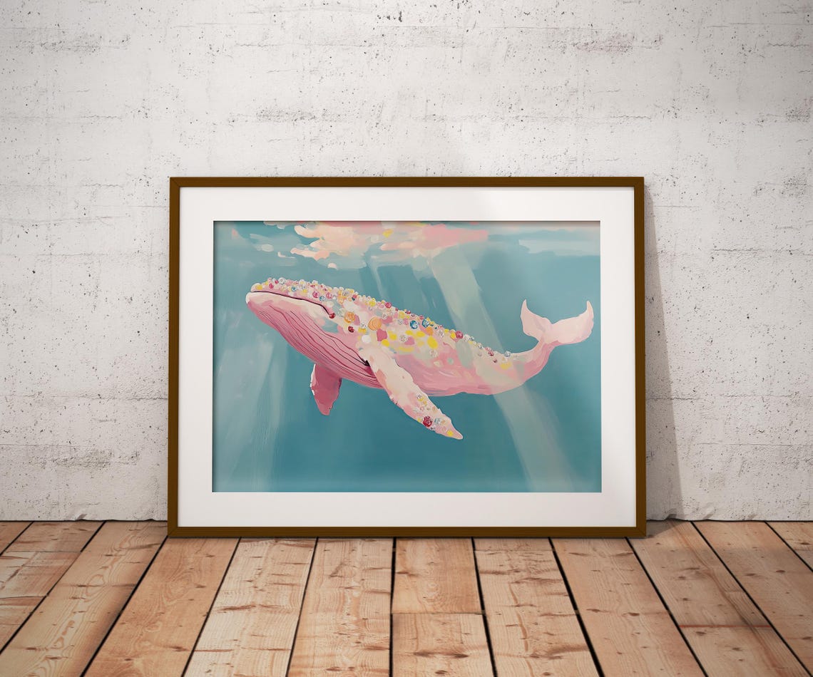 Pink Whale With Gemstone Spots Swimming Teal Ocean Art Poster - Image 2