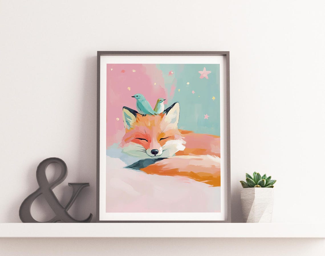 Sleeping Orange Fox With Birds Starry Night Pastel Wall Art Print - Image 4