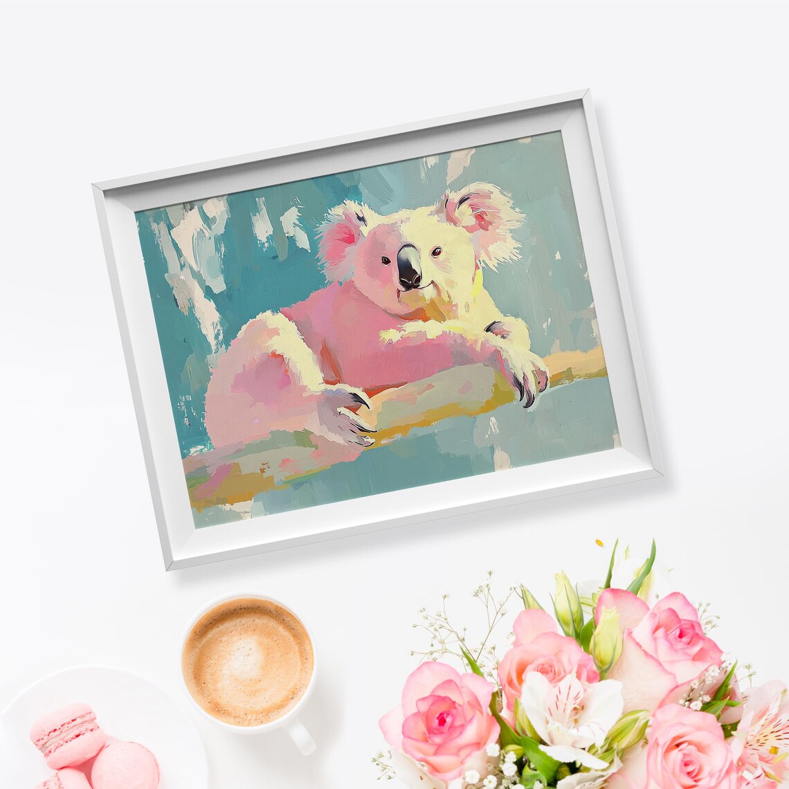 Relaxed Pink Koala on Branch Pastel Teal Cute Animal Wall Art Print - Image 5