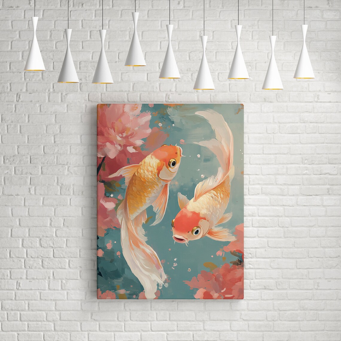 Koi Fish Swimming Among Pink Peonies Pastel Water Pond Art Poster - Image 4