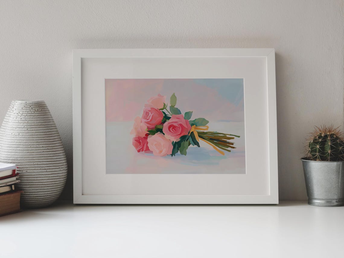Pink Rose Bouquet Yellow Ribbon Pastel Romantic Wall Art Print - Image 3