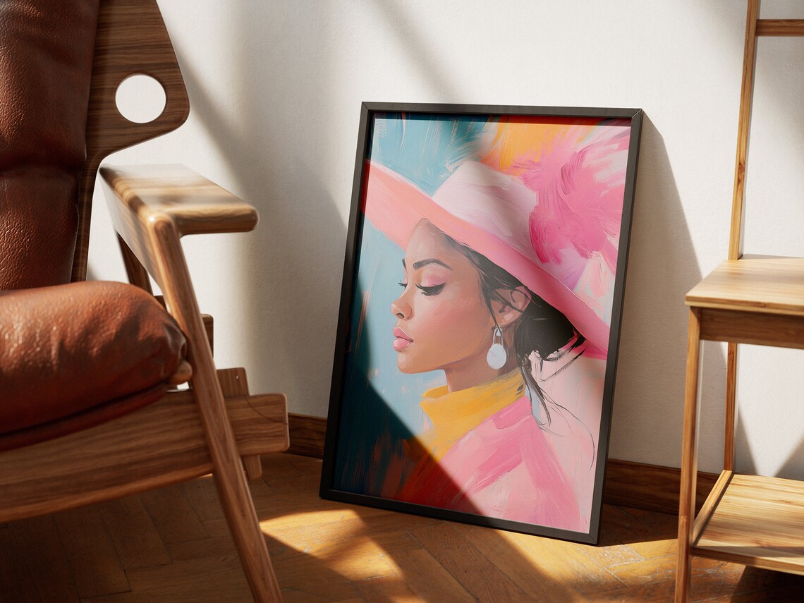 Woman in a Wide Brim Pink Hat Elegant Fashion Portrait Art Poster Print - Image 2