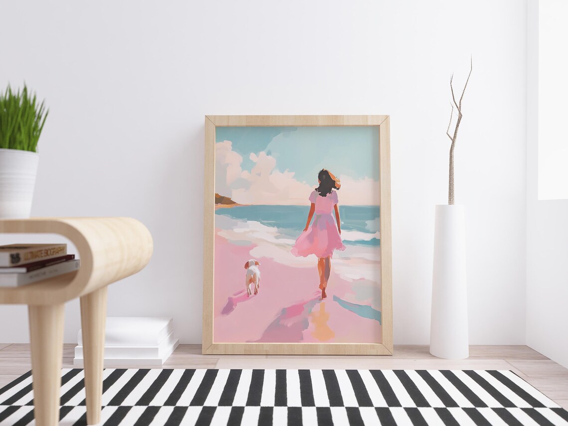 Girl In Pink Dress Walking Dog On Beach Pink Sand Seaside Art Poster - Image 4