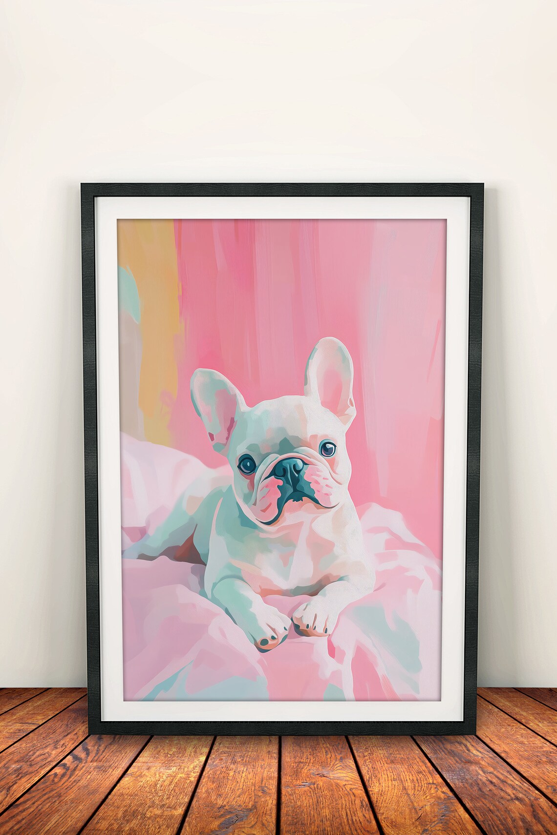 Adorable White French Bulldog Puppy Pastel Pet Portrait Art Poster - Image 2