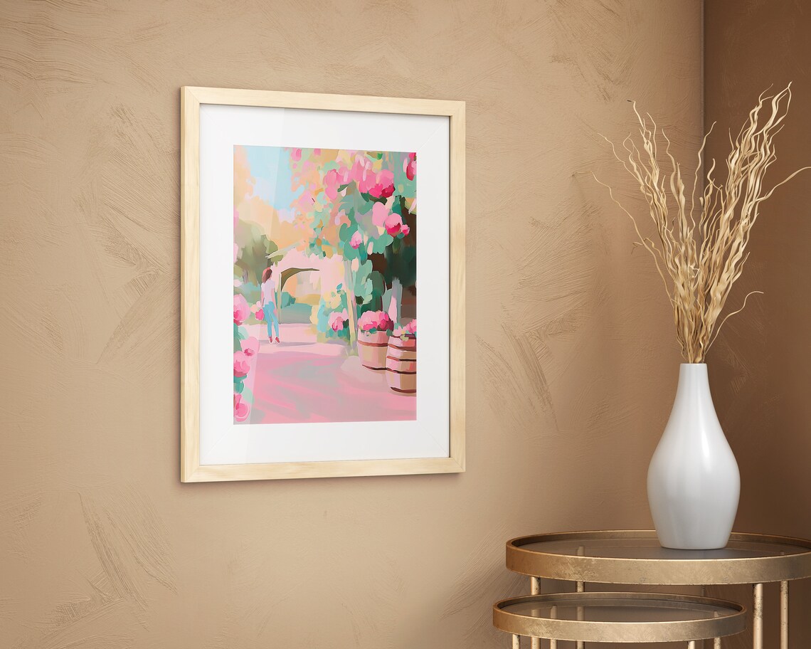 Woman Strolling Pink Flower Garden Arch Pastel Oil Painting Wall Poster - Image 2