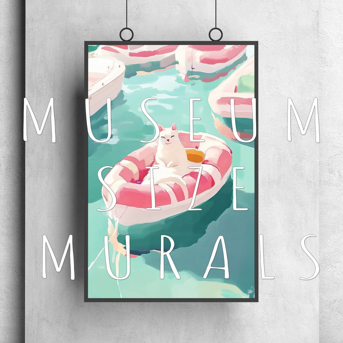 Funny White Cat Lounging on Pink Pool Float Summer Art Poster - Image 3