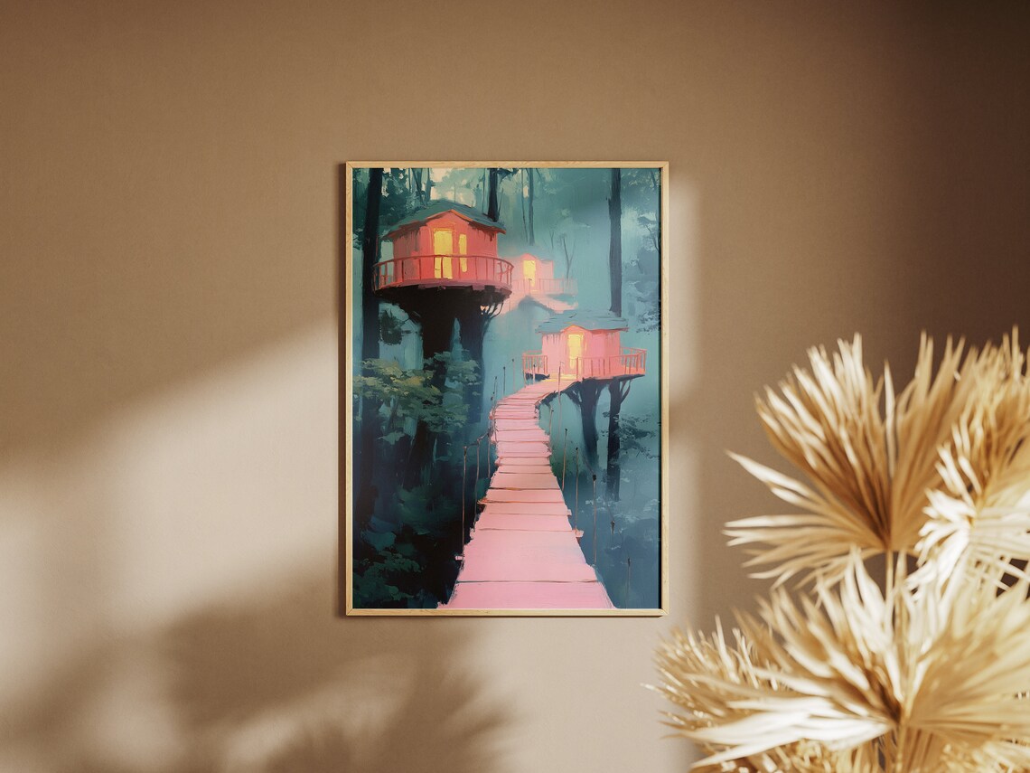 Glowing Treehouses in a Misty Forest Wooden Walkway Fantasy Art Poster - Image 2