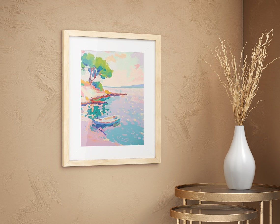 Luminous Shoreline Boat Lake Artwork Canoe Artwork Wooden Boat Print Still Lake Art Print Autumn Lake Art Lake Scene Oil Painting - Image 2