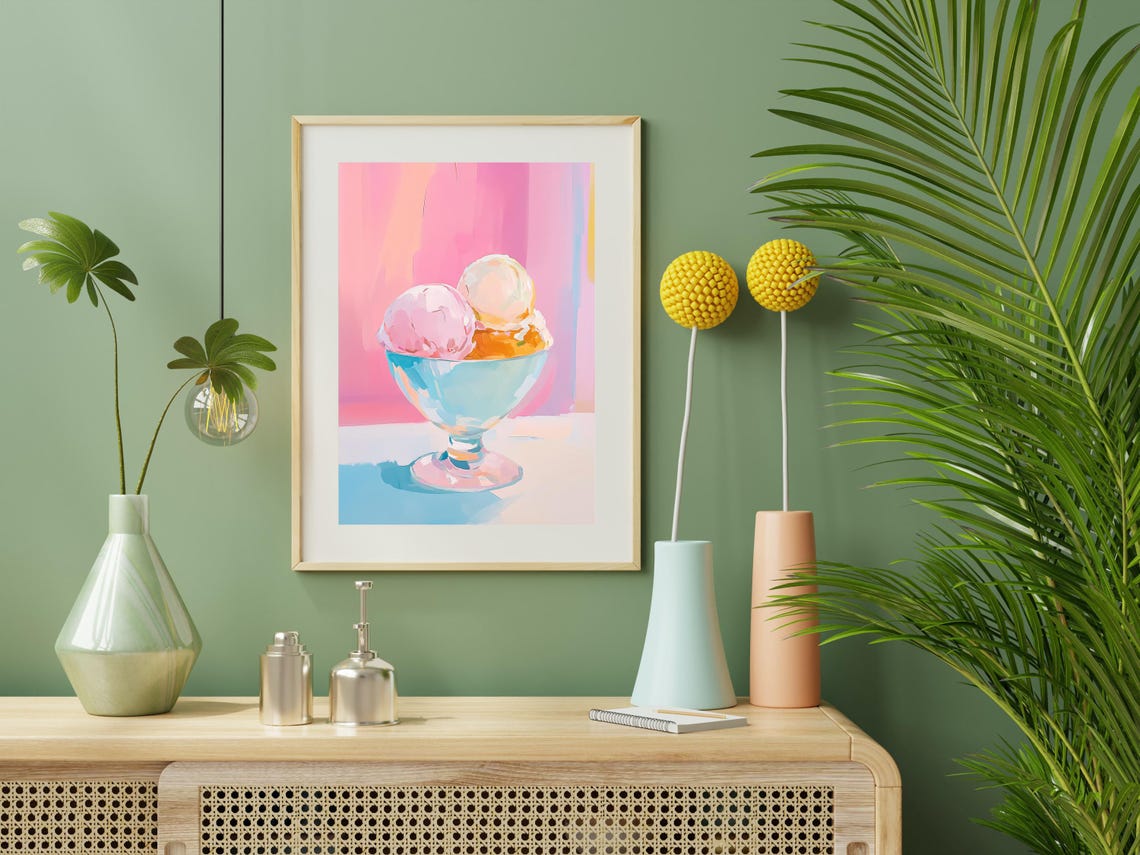 Pastel Ice Cream Scoops In Blue Glass Coupe Sweet Kitchen Art Poster - Image 2