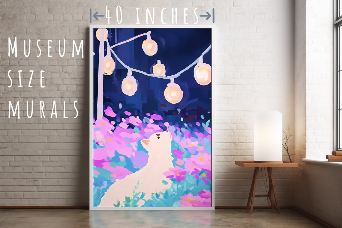 White Cat Among Flowers String Lights Starry Night Wall Art Print - Image 5