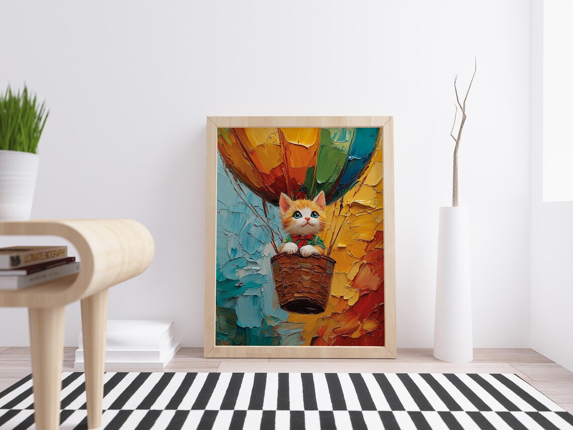 Kitten in Hot Air Balloon Impasto Colorful Oil Painting Poster - Image 4