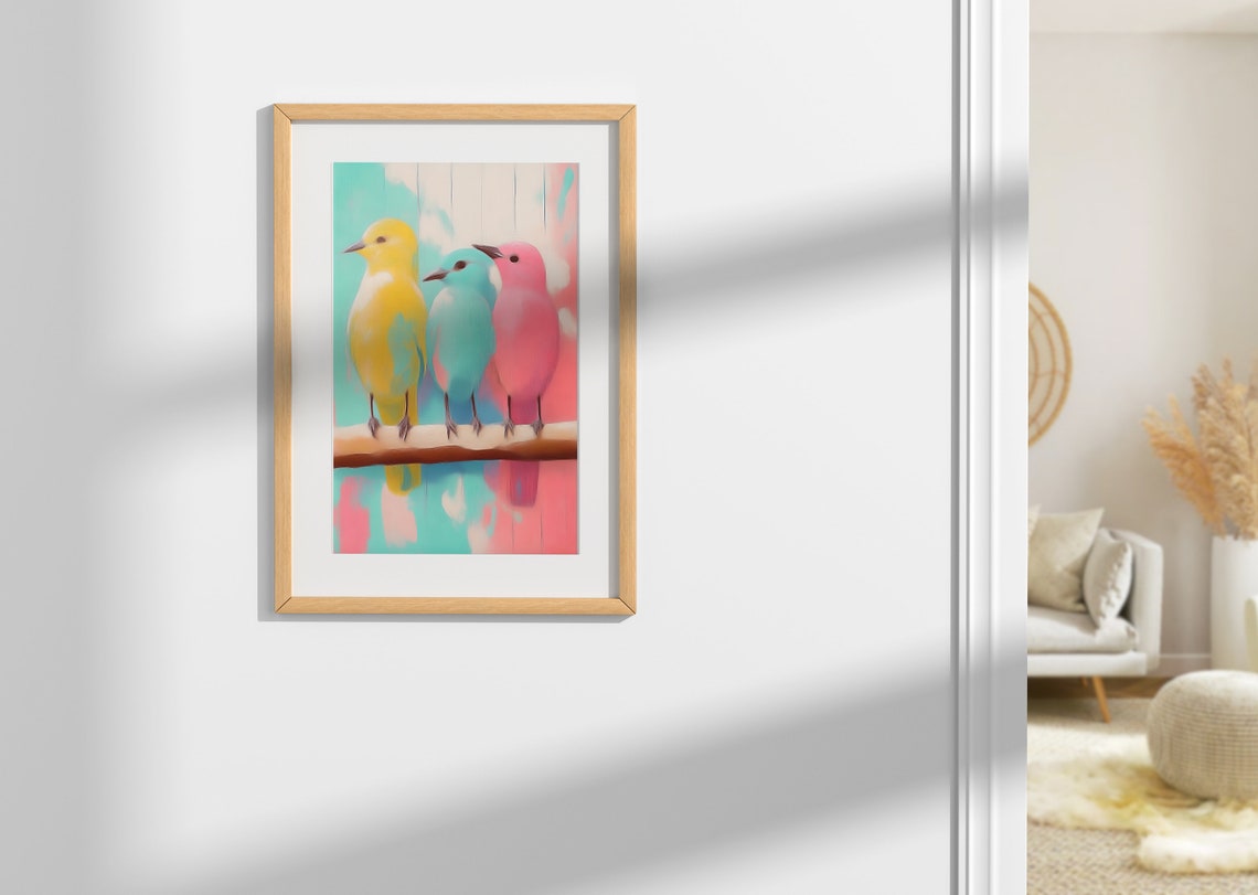 Three Pastel Birds Yellow Teal Pink Perched On Branch Art Poster - Image 2