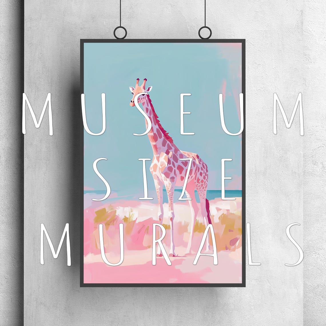 Cute Pink Pastel Giraffe Standing On Savannah Teal Sky Art Print - Image 3