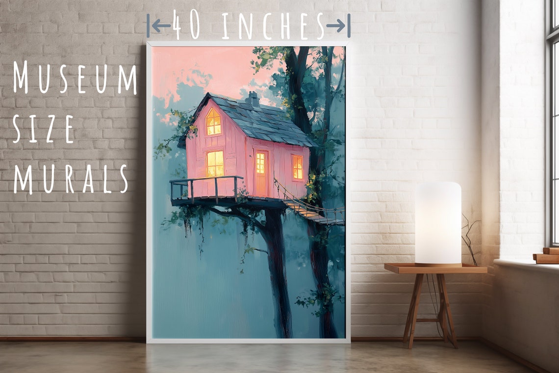 Pink Treehouse in a Misty Forest with Glowing Windows Cozy Art Poster - Image 5