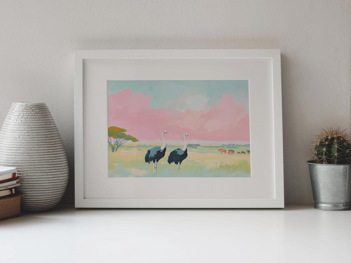Savannah Ostrich Soft Pastel Painting Ostrich Nursery Art Pink Animal Painting Ostrich Pastel Watercolor Ostrich Savannah Art Print - Image 4