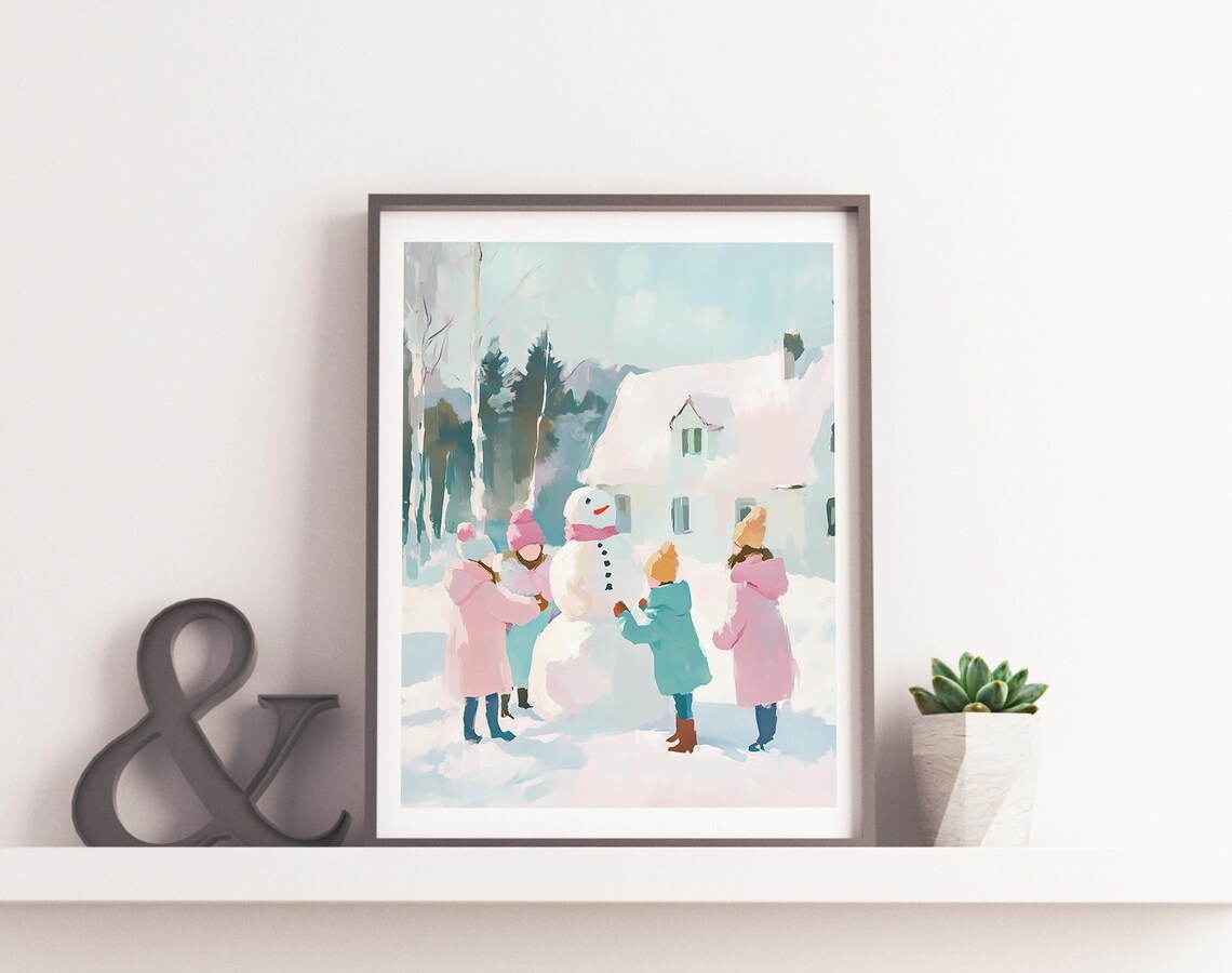 Kids Building Snowman Snowy Day Vintage Winter Scene Art Print - Image 2