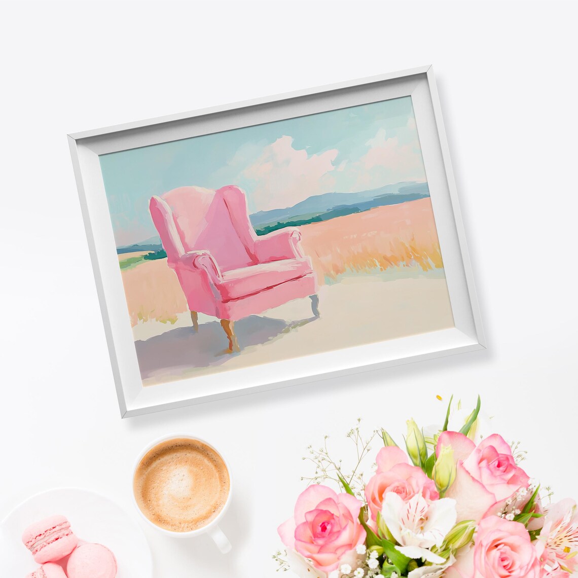 Pink Wingback Armchair in Golden Meadow Pastel Reading Nook Wall Poster - Image 5