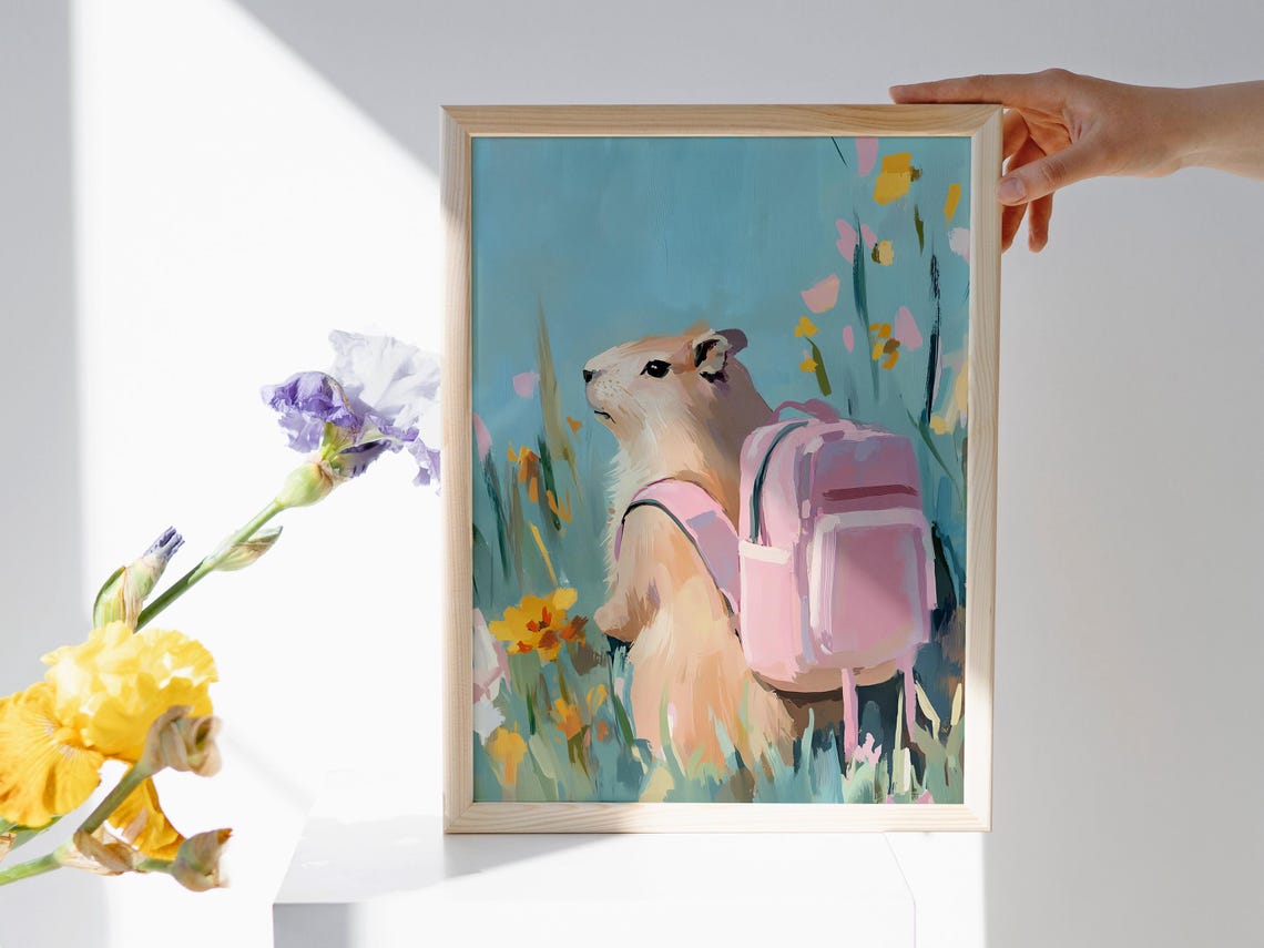 Capybara With Pink Backpack Wildflower Meadow Adventure Travel Poster - Image 2