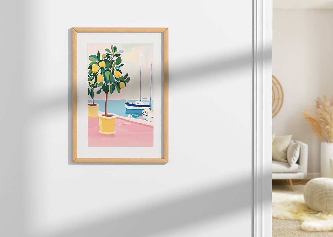 Potted Lemon Trees on Pink Terrace Overlooking Sailboat Sea View Poster - Image 2