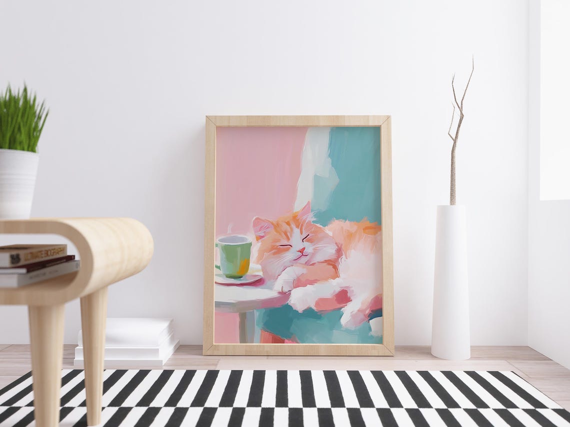 Sleepy Orange Cat Next to Coffee Cup Pastel Cozy Wall Art Print - Image 2