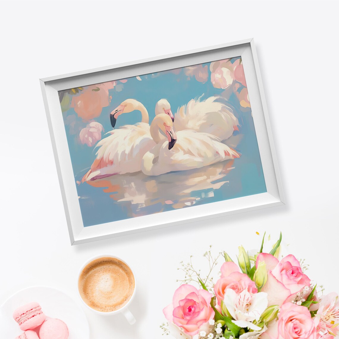 Three White Flamingos Turquoise Water Soft Pink Blossoms Tropical Bird Poster - Image 5