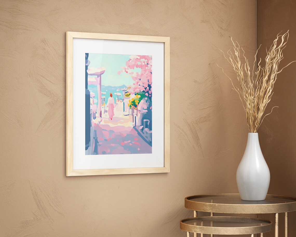Woman Walking Through Torii Gate to Ocean Japan Cherry Blossom Poster - Image 4