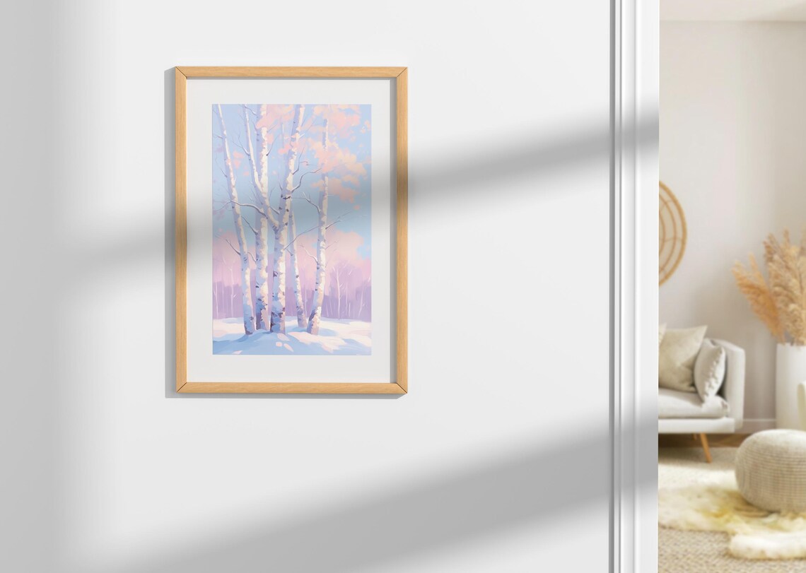 White Birch Trees In Winter Snow Under Pastel Pink Sky Art Poster - Image 2