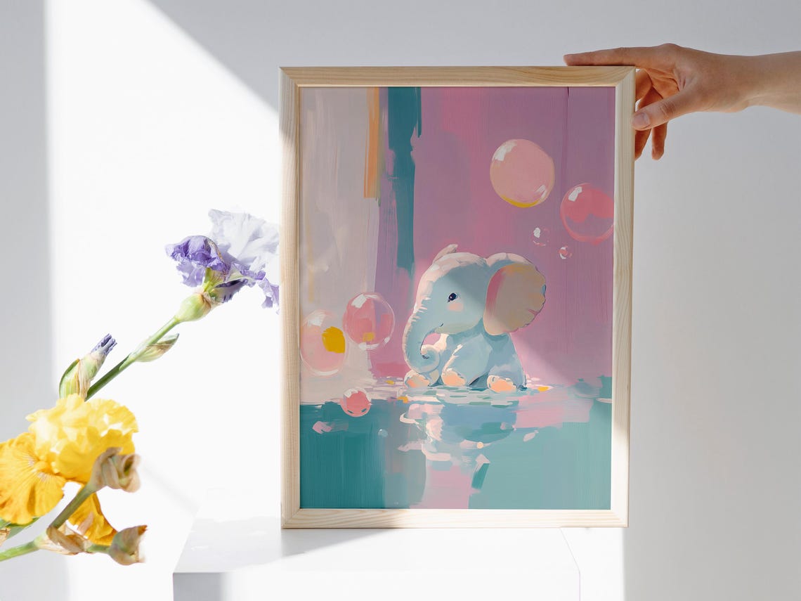 Baby Elephant Playing in Water with Pastel Bubbles Nursery Art Poster - Image 2