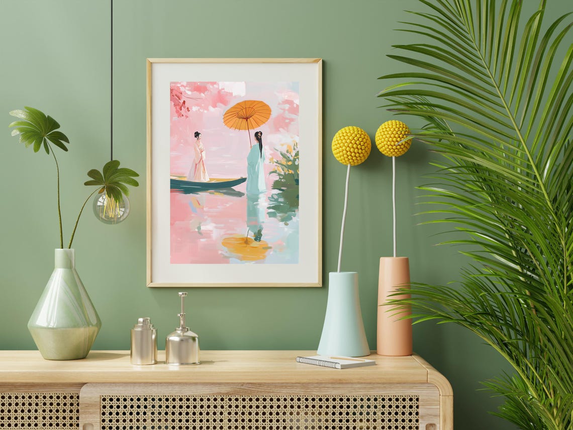 Chinoiserie Two Women Parasol By Water Pink Pastel Art Poster - Image 2
