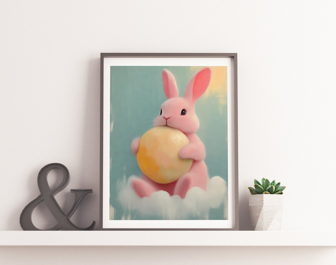Cute Pink Bunny Holding Golden Egg Soft Pastel Nursery Art Poster - Image 2