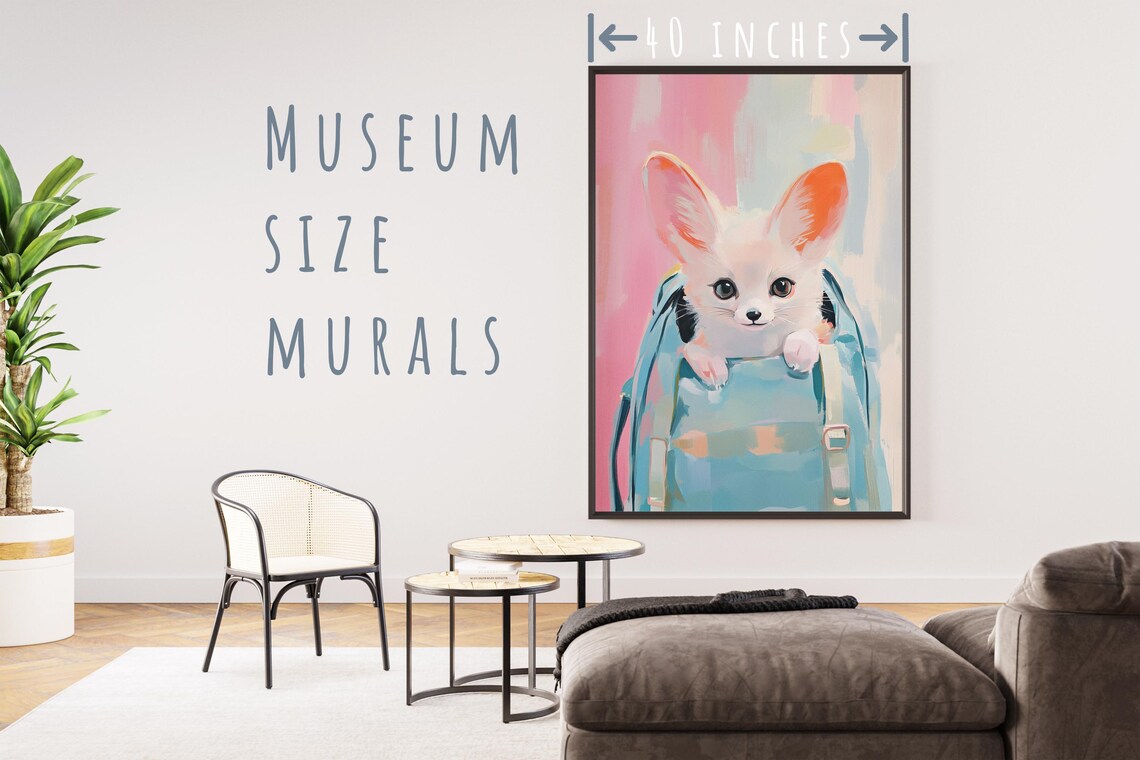 Cute Fennec Fox Kit Peeking From Blue Backpack Pastel Nursery Painting Poster - Image 5