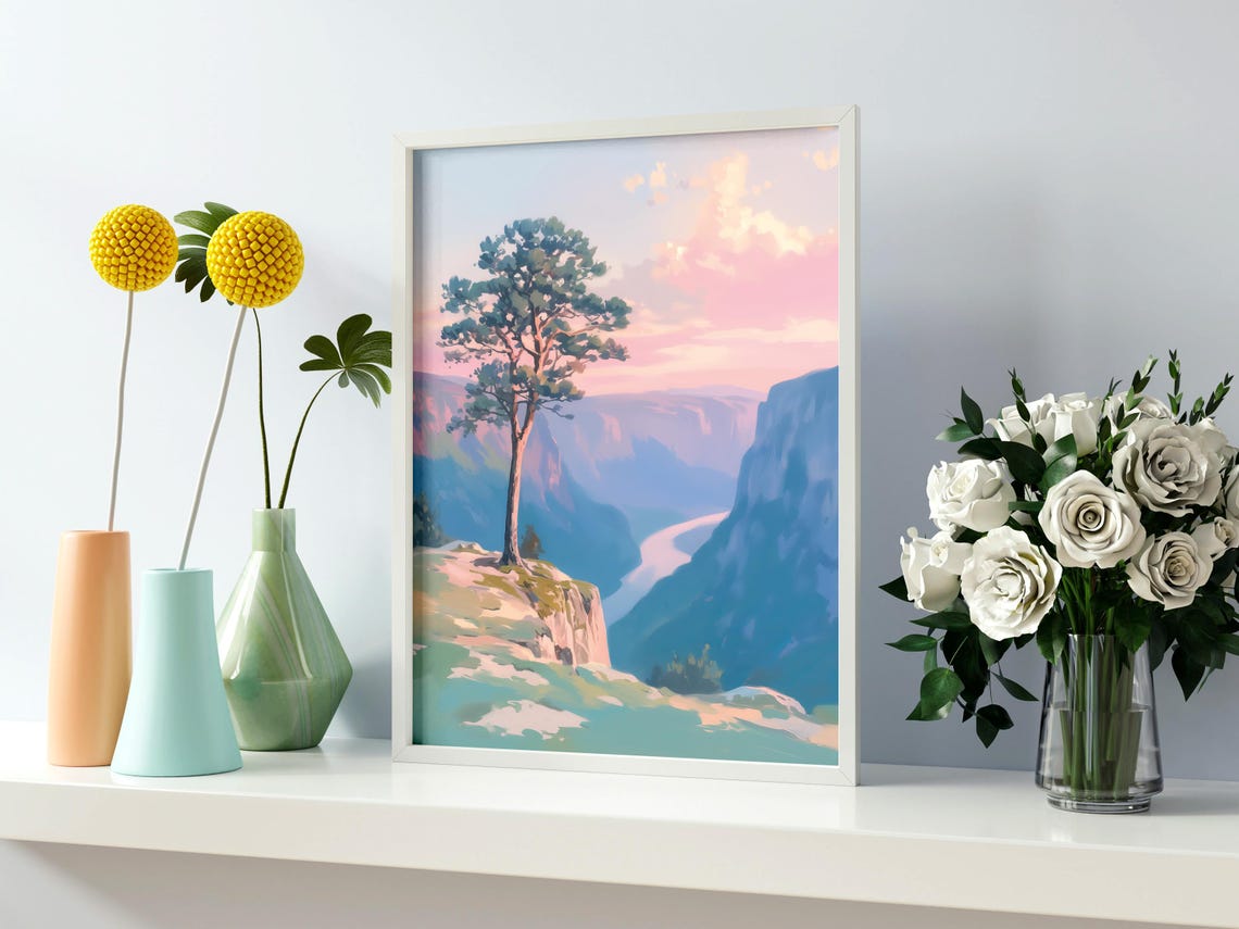 Lone Pine Tree On Cliff Overlooking River Valley At Sunset Poster - Image 2