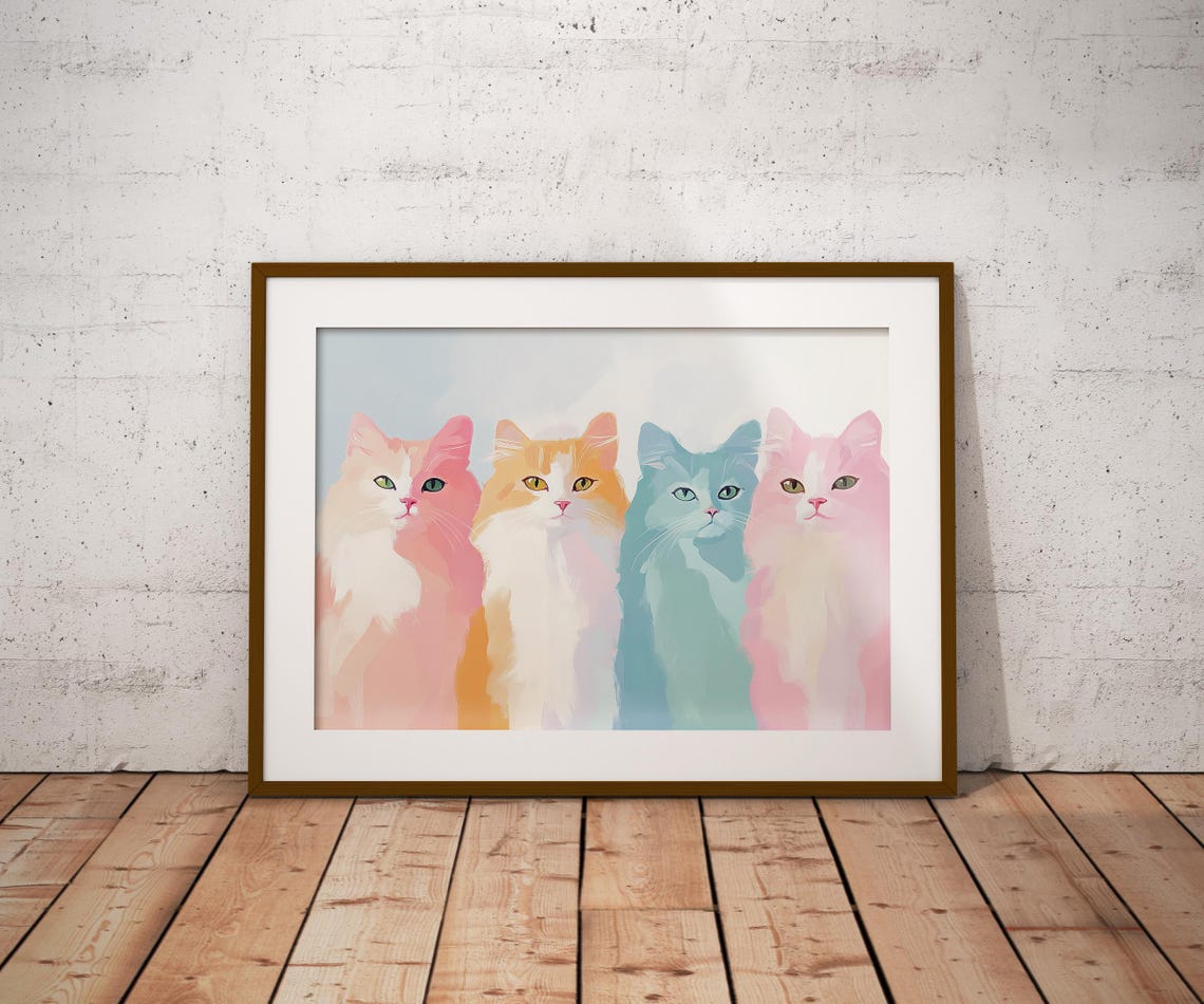 Four Pastel Cats Pink Orange Blue Row Cute Kitty Portrait Poster - Image 2
