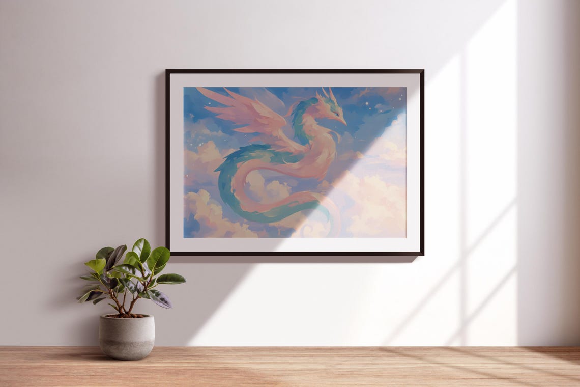 Pastel Cloud Dragon Soaring Pink Teal Sky Fantasy Creature Art Poster - Image 3