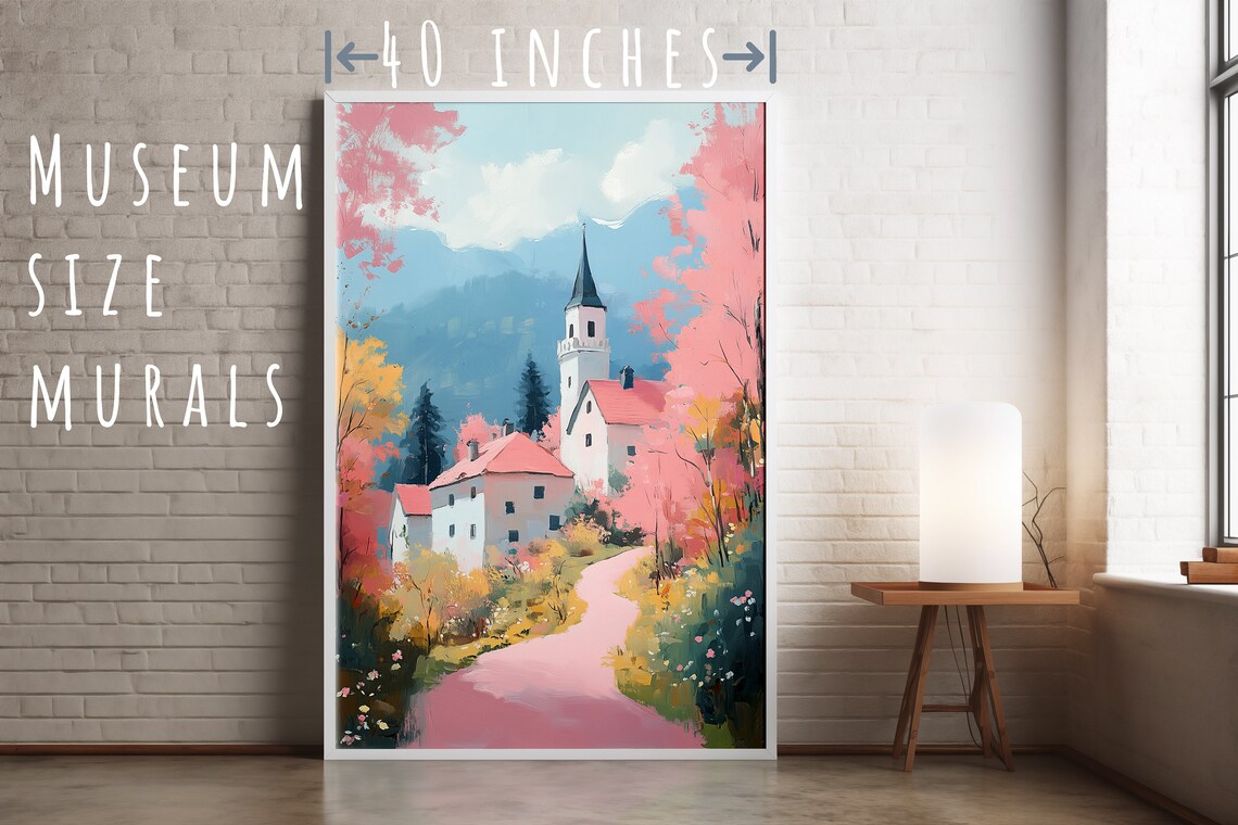 Village Church in a Pink Autumn Valley Mountain Landscape Travel Poster - Image 5