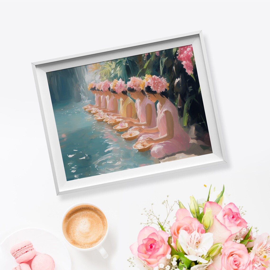 Bali Prayer Women Flower Crowns Offering Bowls Temple Pool Tropical Poster - Image 5