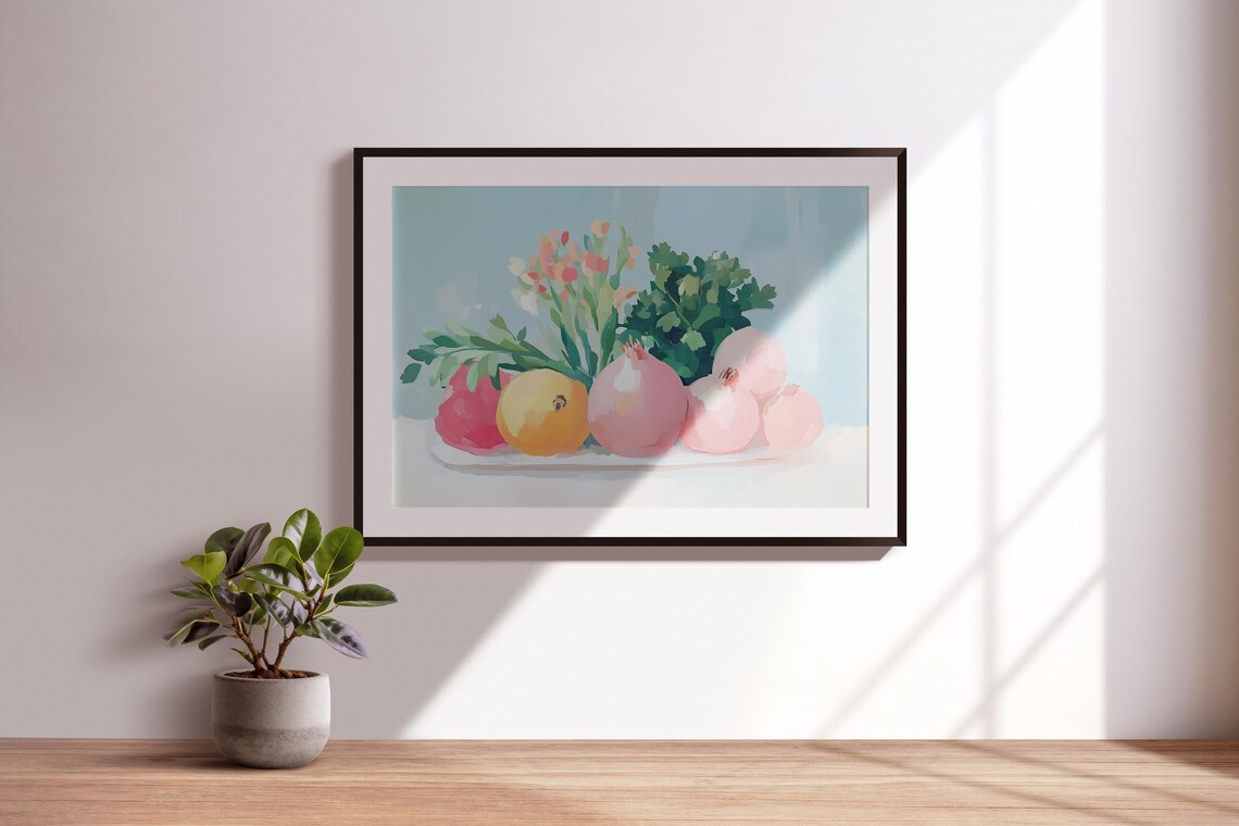 Pink Onions Lemon Herbs Flowers Fresh Produce Still Life Poster - Image 3