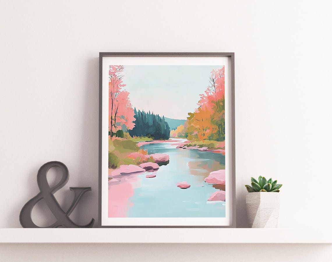 Autumn River Pink Trees Blue Water Fall Foliage Wall Art Print - Image 2
