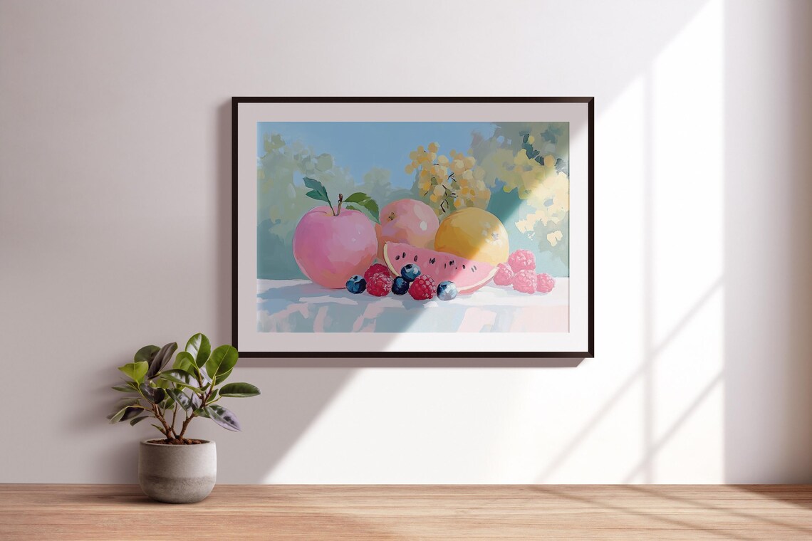 Pink Apples Lemon Watermelon Berries Floral Still Life Art Print - Image 3