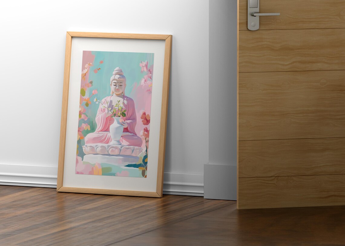 Serene Guanyin Buddha Statue With White Vase Pastel Zen Painting Wall Art - Image 2