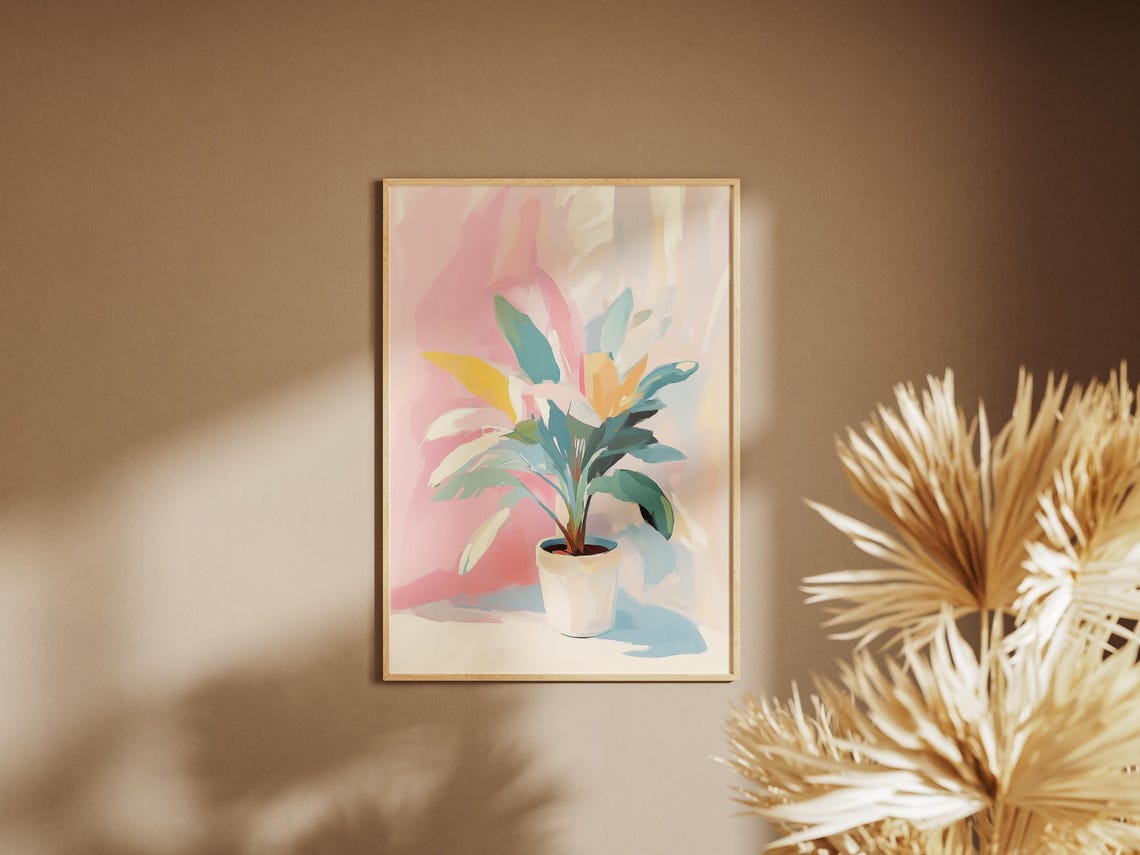Potted Tropical Plant Pink Background Pastel Botanical Wall Art Print - Image 4