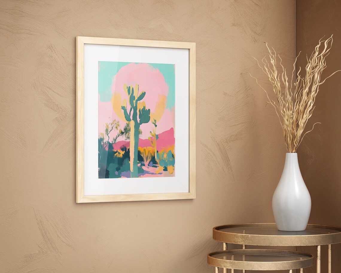 Desert Cactus Under Giant Pink Moon Pastel Night Wall Art Print - Image 2