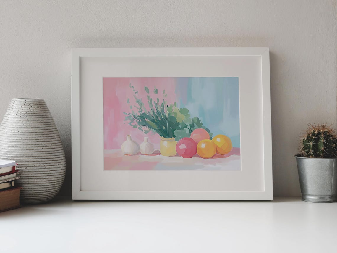 Fresh Herbs Yellow Jar Citrus Garlic Kitchen Still Life Art Print - Image 4