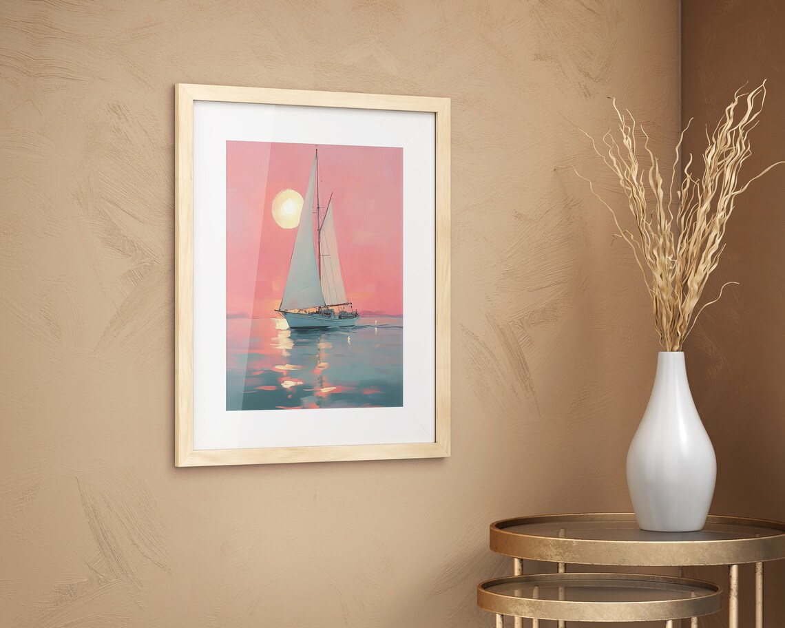 Sailboat Gliding on a Pink Sunset Sea Nautical Coastal Wall Art Poster - Image 2