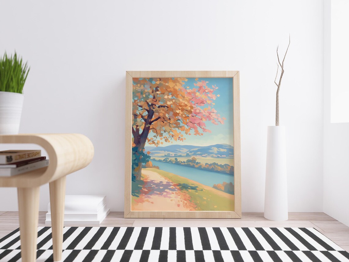 Autumn Tree Pink Orange Foliage Overlooking River Valley Blue Hills Poster - Image 2